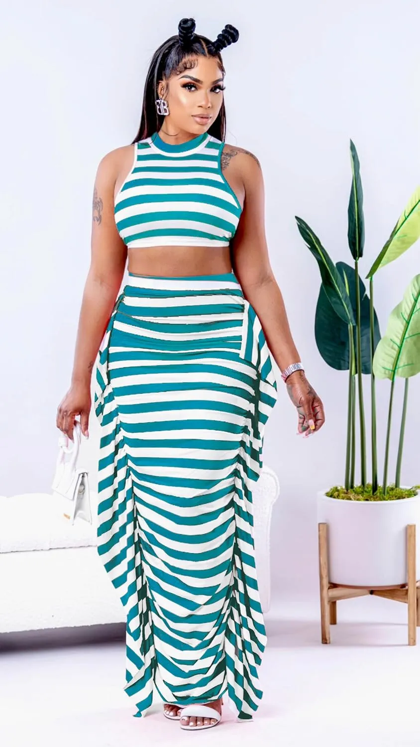 2 Piece Outfits for Women Sexy Crop Top Ruched Bodycon Maxi Dresses Fringe Skirt Sets Night Club Jumpsuits