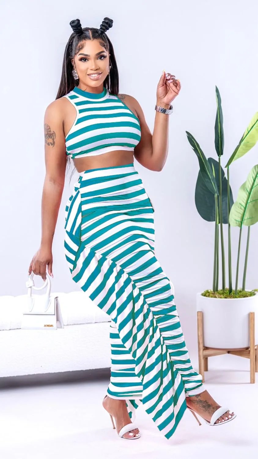 2 Piece Outfits for Women Sexy Crop Top Ruched Bodycon Maxi Dresses Fringe Skirt Sets Night Club Jumpsuits