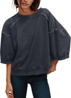 3/4 Sleeve Sweatshirts for Women Vintage Oversized Crewneck Fleece Sweatshirt Loose Casual Summer Fall Pullover Tops