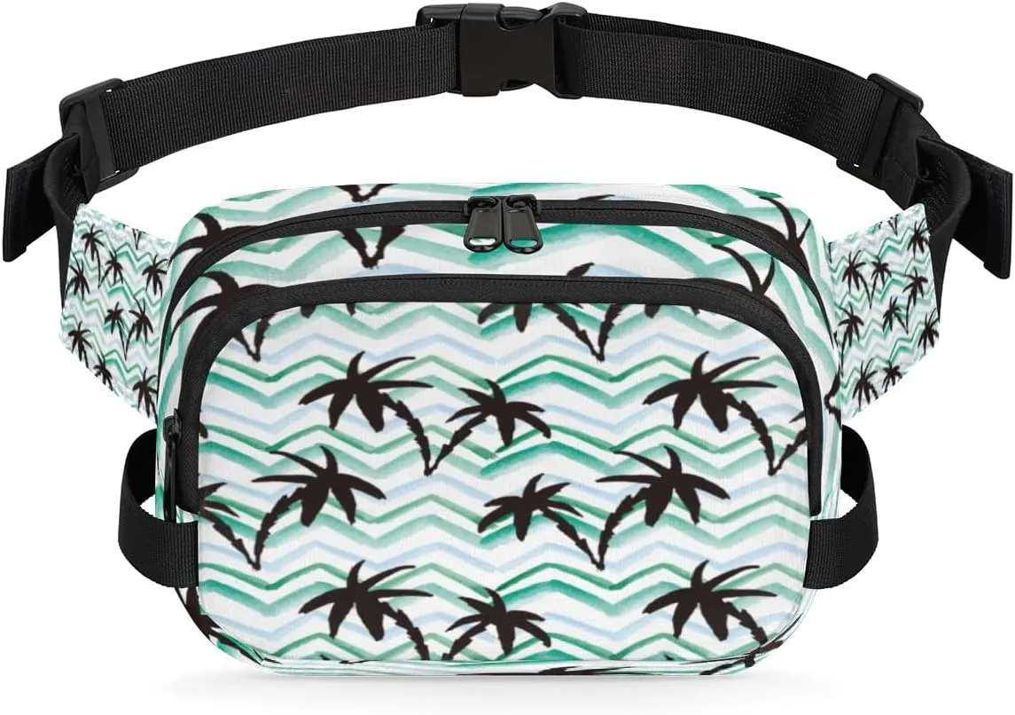 Abstract Palm Tree Fanny Packs for Women Men Fashion Waist Packs Belt Bag Water-resistant Crossbody Bag Turquoise Waist Pouch Waist Pack Hip Bum Bag for Hiking Casual Travel Cycling