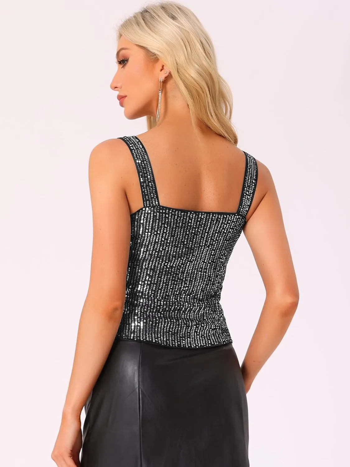 Allegra K Women's Sequin Tank Tops Sparkly Glitter Sleeveless Camisole Corset Top
