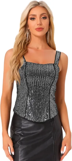 Allegra K Women's Sequin Tank Tops Sparkly Glitter Sleeveless Camisole Corset Top