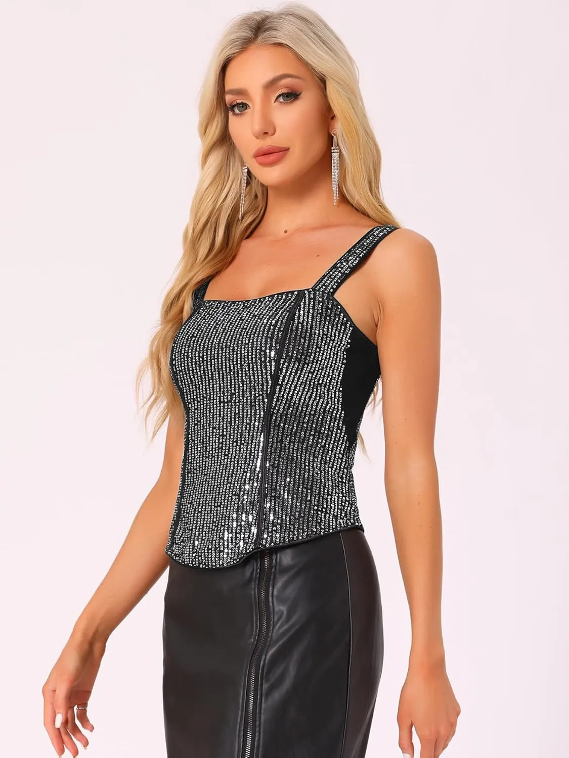 Allegra K Women's Sequin Tank Tops Sparkly Glitter Sleeveless Camisole Corset Top