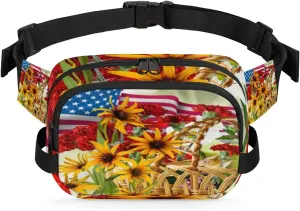 American Flag Sunflower Fanny Packs for Women Men Fashion Waist Packs Belt Bag Water-resistant Crossbody Bag Waist Pouch Waist Pack Hip Bum Bag for Hiking Casual Travel Cycling