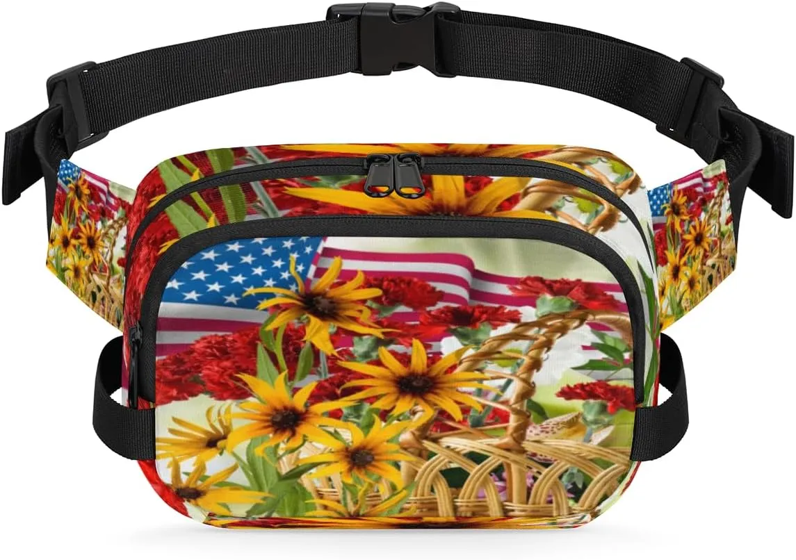American Flag Sunflower Fanny Packs for Women Men Fashion Waist Packs Belt Bag Water-resistant Crossbody Bag Waist Pouch Waist Pack Hip Bum Bag for Hiking Casual Travel Cycling
