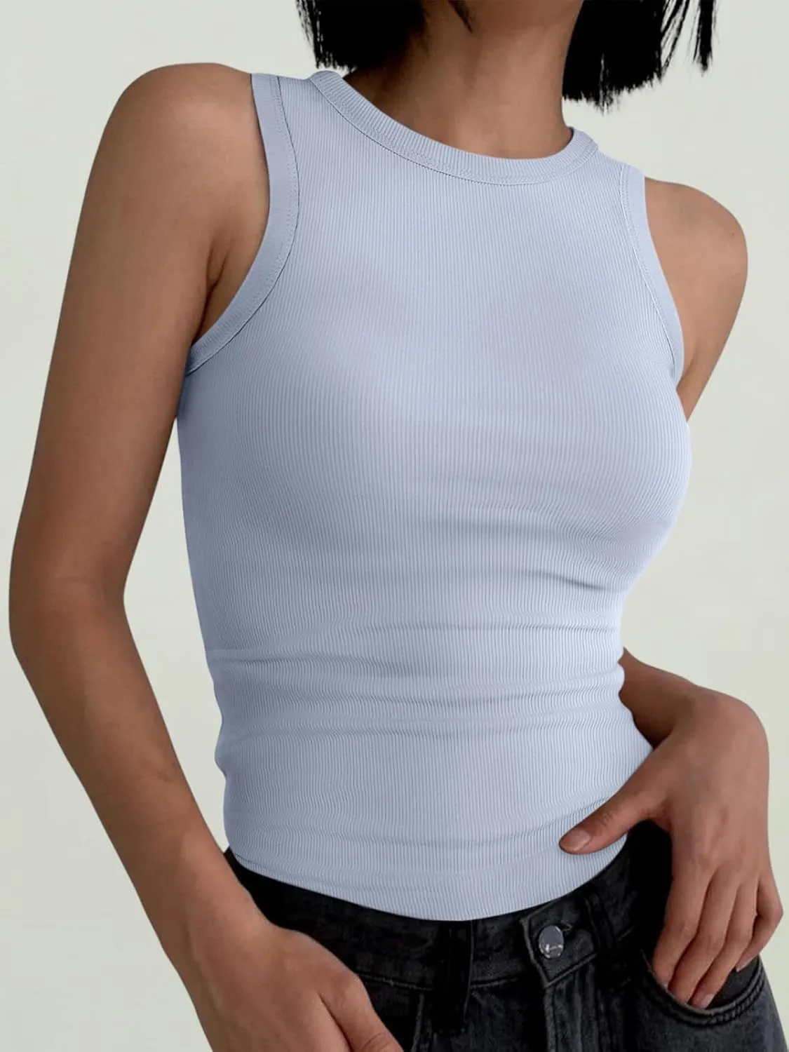 ANRABESS Womens Sleeveless High Neck Tank Tops Fashion Summer Casual Basic Slim Fit Ribbed Racerback Top Shirt Clothes