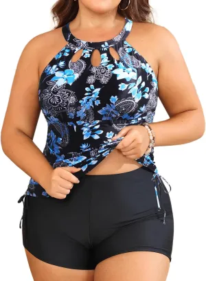 Aqua Eve Women Two Piece Plus Size Swimsuit High Neck Tankini Set Tummy Control Bathing Suit with Shorts