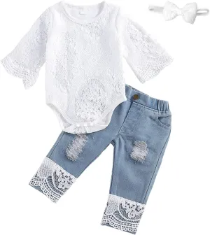 Baby Girl Clothes Set Lace Ruffle Romper Flare Denim Jean Pants and Headband 3Pcs Set Newborn Infant Outfits Set