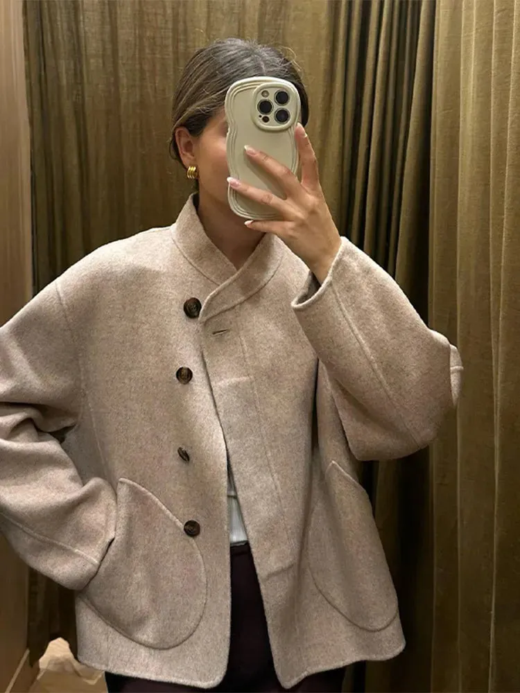 Back To School Joskaa Casual Stand Up Collar Single Breasted Women's Woolen Coat Solid Color Pocket Long Sleeved Jacket New High Street Ladies Coats
