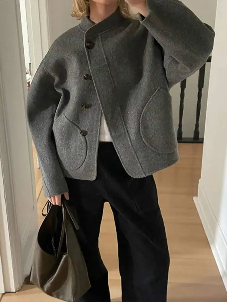 Back To School Joskaa Casual Stand Up Collar Single Breasted Women's Woolen Coat Solid Color Pocket Long Sleeved Jacket New High Street Ladies Coats