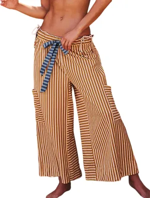 Bankeng Women Drawstring Striped Pants Loose Wide Leg Lounge Pants Casual Palazzo Pants Trousers with Pockets(Khaki,XL)