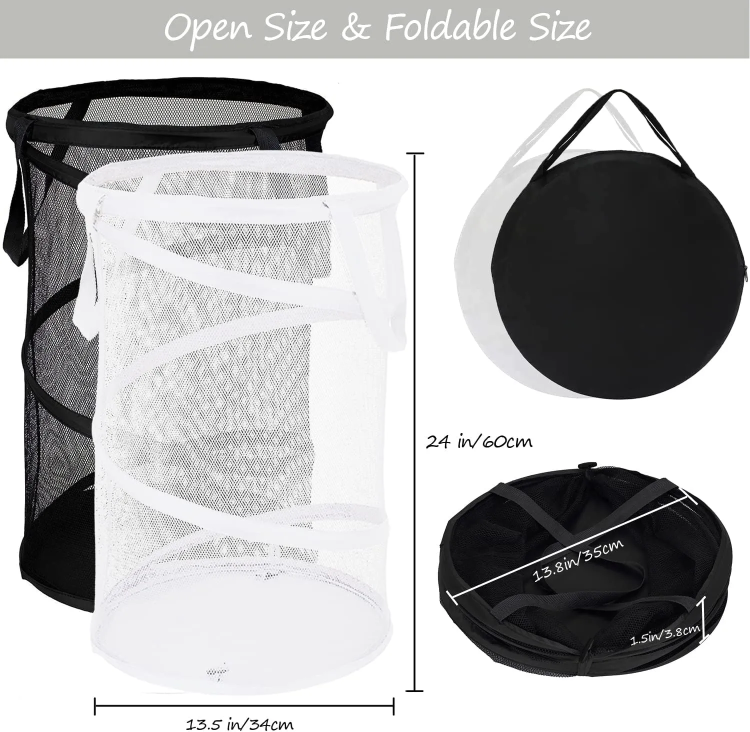 BATTOO 2 Pack Large Collapsible Laundry Basket Foldable Mesh Pop Up Hamper with Handles for Laundry Room, Bathroom, Kids Room, College Dorm, Travel, Storage Organizer Black White
