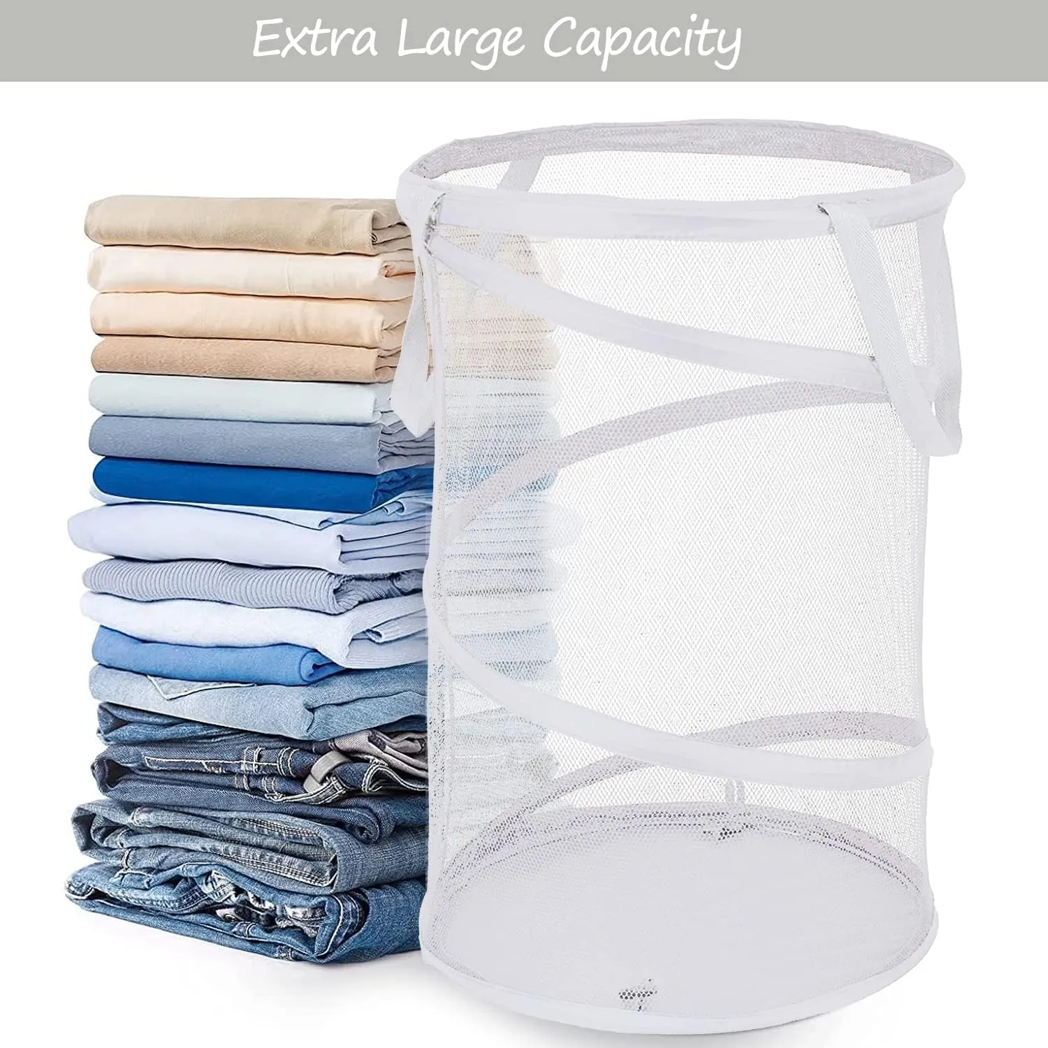 BATTOO 2 Pack Large Collapsible Laundry Basket Foldable Mesh Pop Up Hamper with Handles for Laundry Room, Bathroom, Kids Room, College Dorm, Travel, Storage Organizer Black White