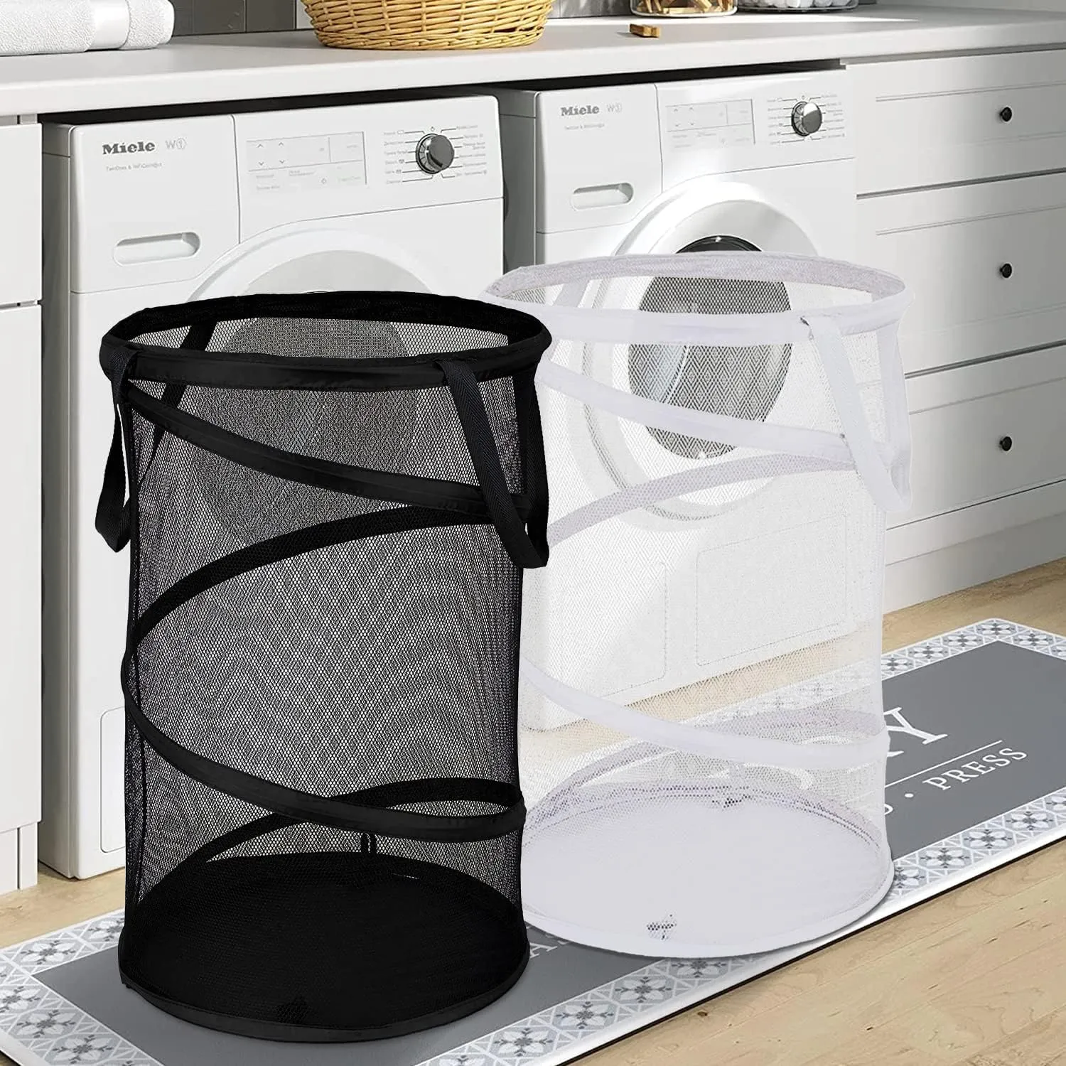 BATTOO 2 Pack Large Collapsible Laundry Basket Foldable Mesh Pop Up Hamper with Handles for Laundry Room, Bathroom, Kids Room, College Dorm, Travel, Storage Organizer Black White