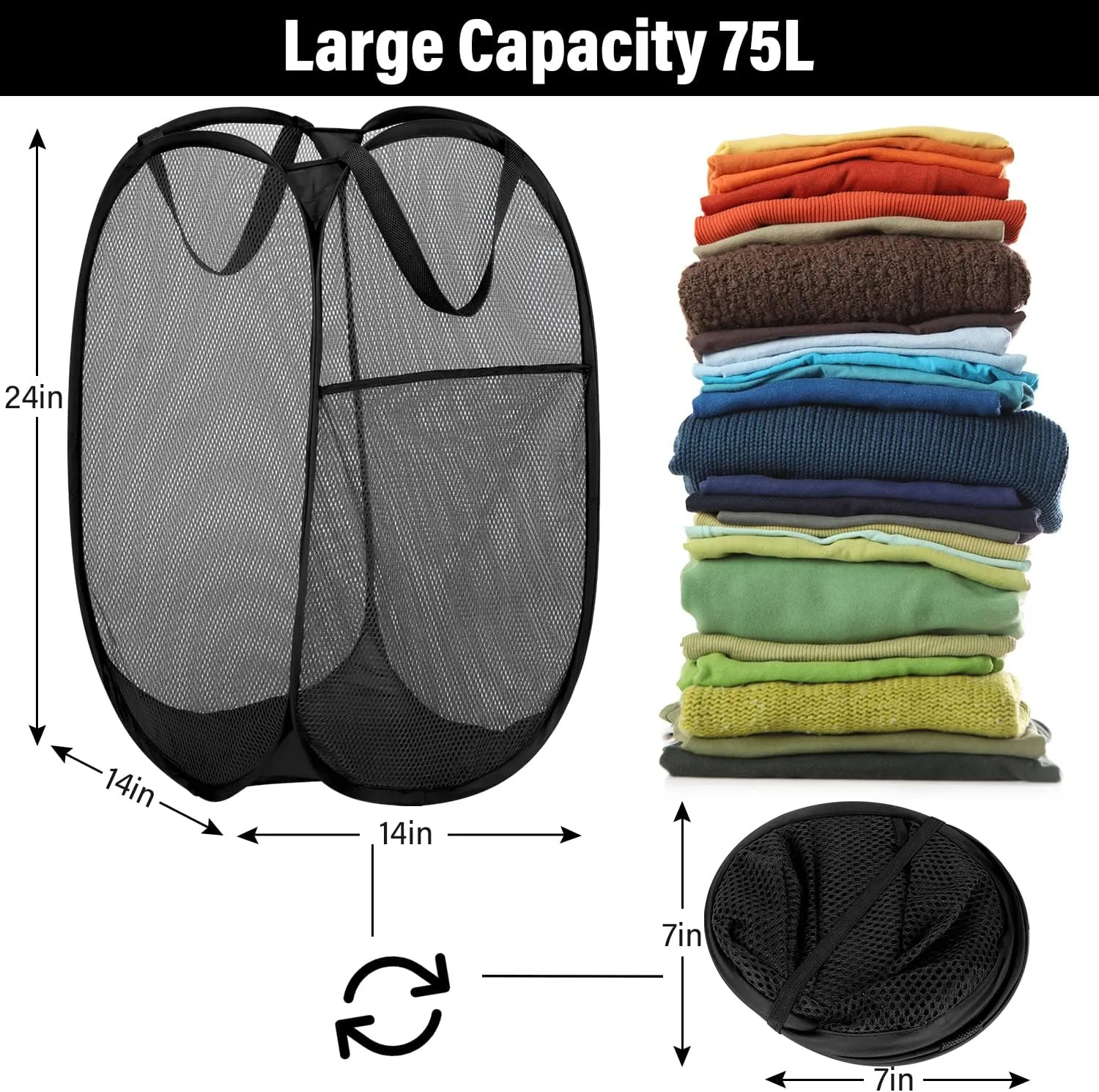 BATTOO Deluxe Strong Mesh Pop up Laundry Hamper Basket with Side Pocket for Laundry Room, Bathroom, Kids Room, College Dorm or Travel 3 Pack Black