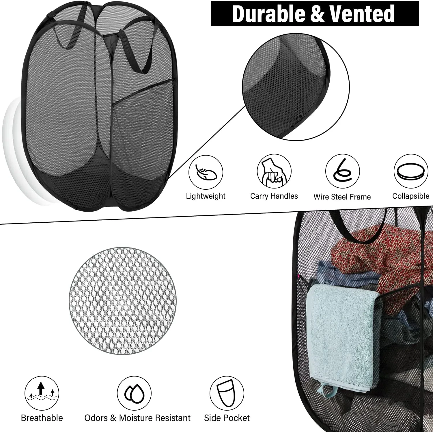 BATTOO Deluxe Strong Mesh Pop up Laundry Hamper Basket with Side Pocket for Laundry Room, Bathroom, Kids Room, College Dorm or Travel 3 Pack Black