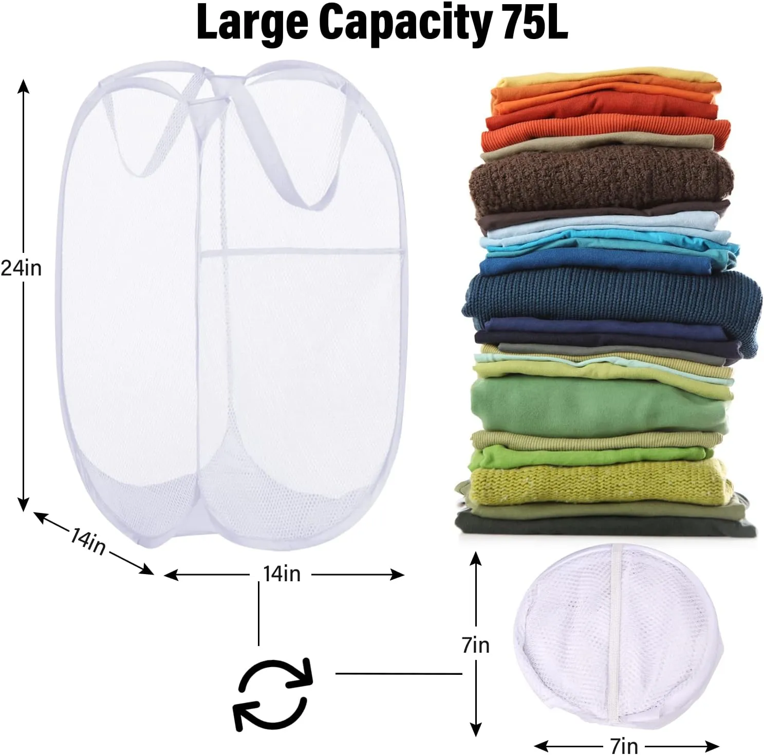 BATTOO Deluxe Strong Mesh Pop up Laundry Hamper Basket with Side Pocket for Laundry Room, Bathroom, Kids Room, College Dorm or Travel 3 Pack White