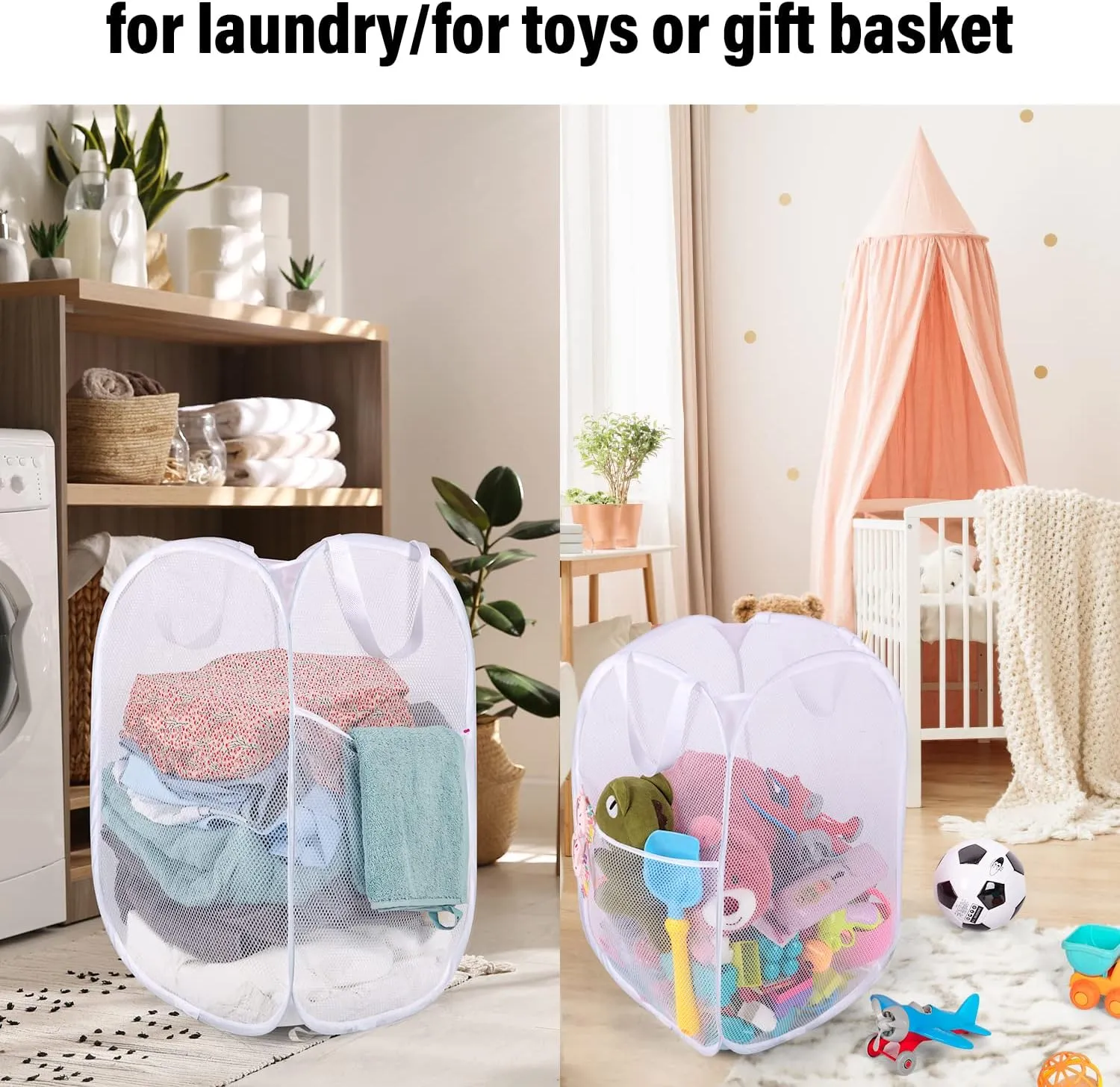 BATTOO Deluxe Strong Mesh Pop up Laundry Hamper Basket with Side Pocket for Laundry Room, Bathroom, Kids Room, College Dorm or Travel 3 Pack White