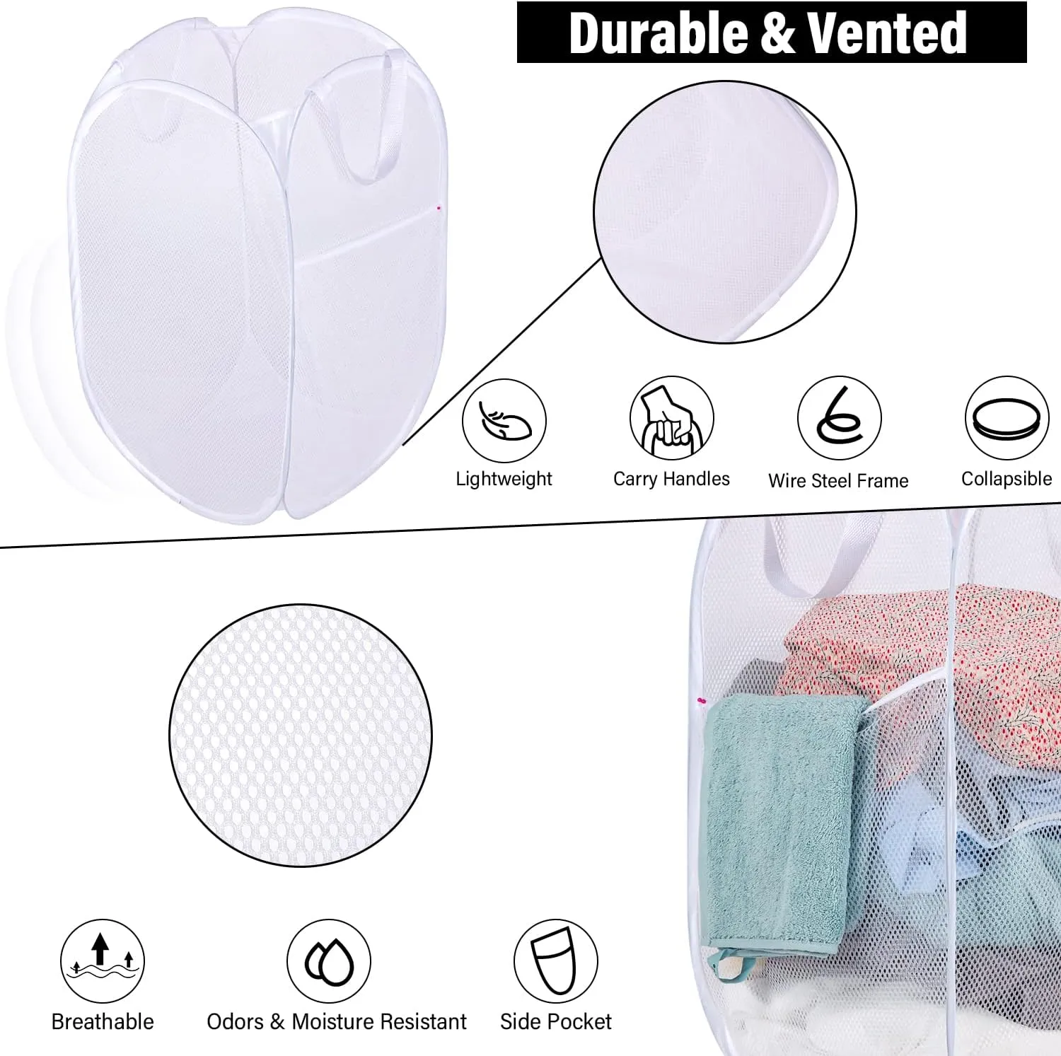 BATTOO Deluxe Strong Mesh Pop up Laundry Hamper Basket with Side Pocket for Laundry Room, Bathroom, Kids Room, College Dorm or Travel 3 Pack White