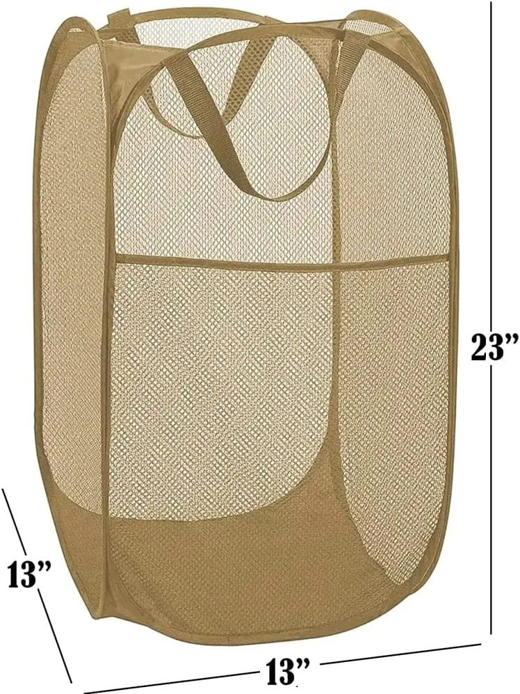 BATTOO Deluxe Strong Mesh Pop up Laundry Hamper Basket with Side Pocket for Laundry Room, Bathroom, Kids Room, College Dorm or Travel Beige