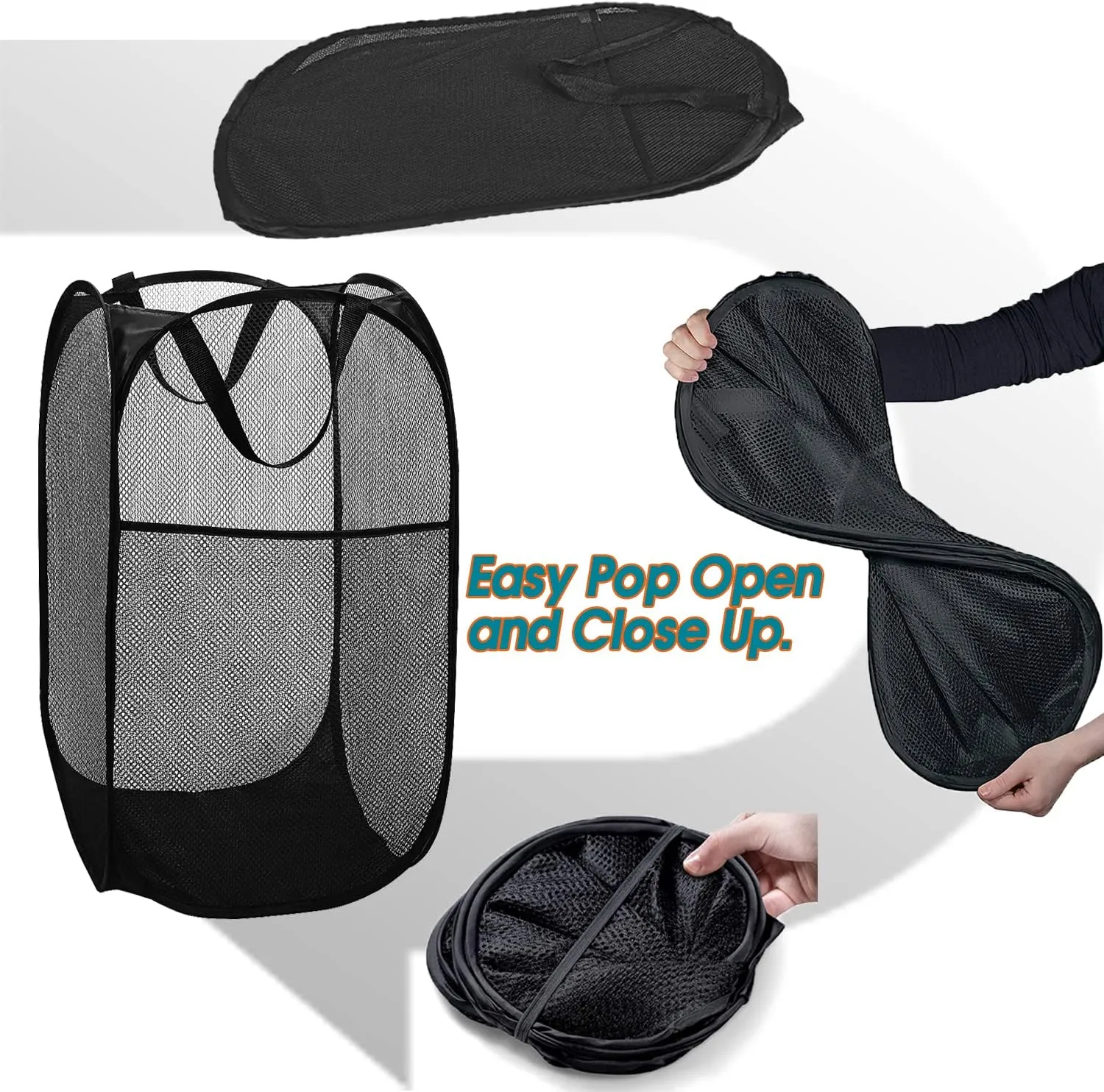 BATTOO Strong Mesh Pop Up Hampers for Laundry, Collapsible Laundry Baskets with Side Pocket Carry Handles for Laundry Room, Bathroom, Kids Room, College Dorm or Travel Black