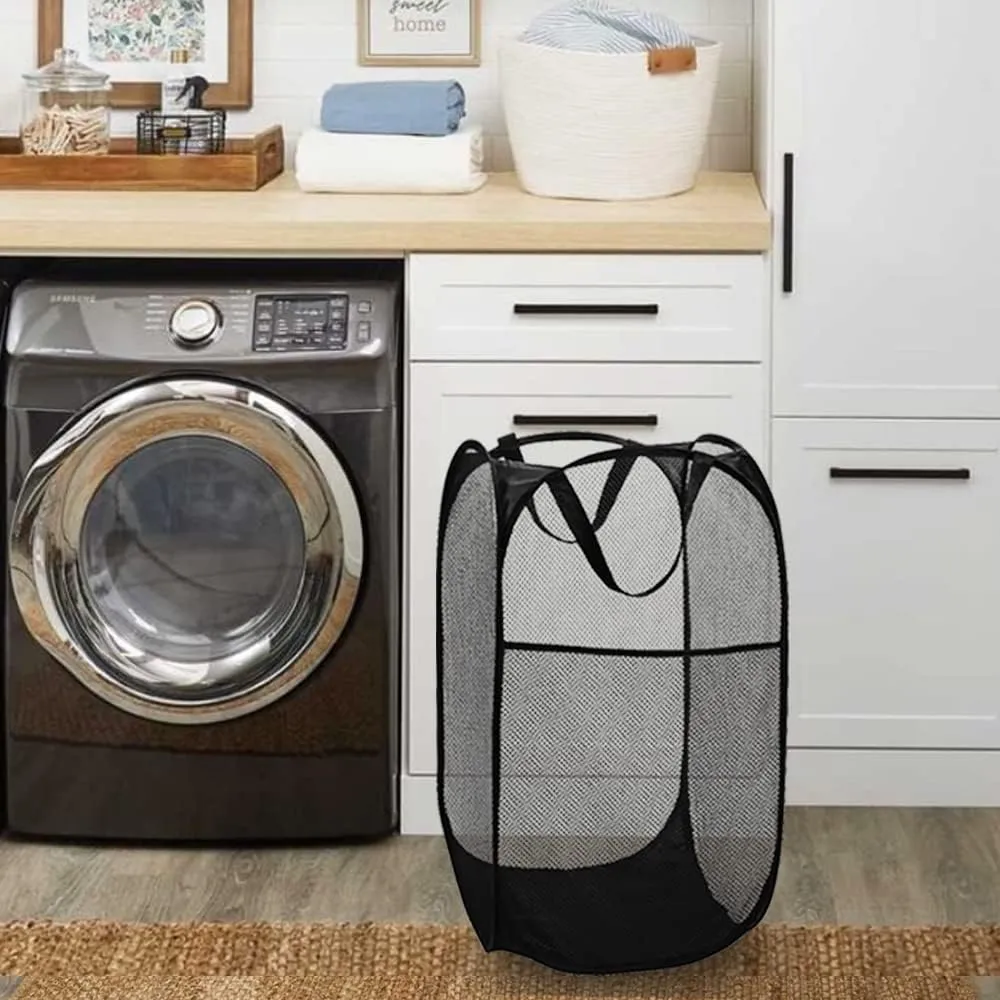 BATTOO Strong Mesh Pop Up Hampers for Laundry, Collapsible Laundry Baskets with Side Pocket Carry Handles for Laundry Room, Bathroom, Kids Room, College Dorm or Travel Black