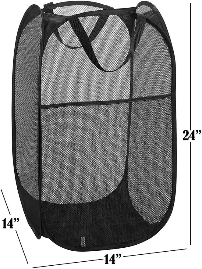 BATTOO Strong Mesh Pop Up Hampers for Laundry, Collapsible Laundry Baskets with Side Pocket Carry Handles for Laundry Room, Bathroom, Kids Room, College Dorm or Travel Black