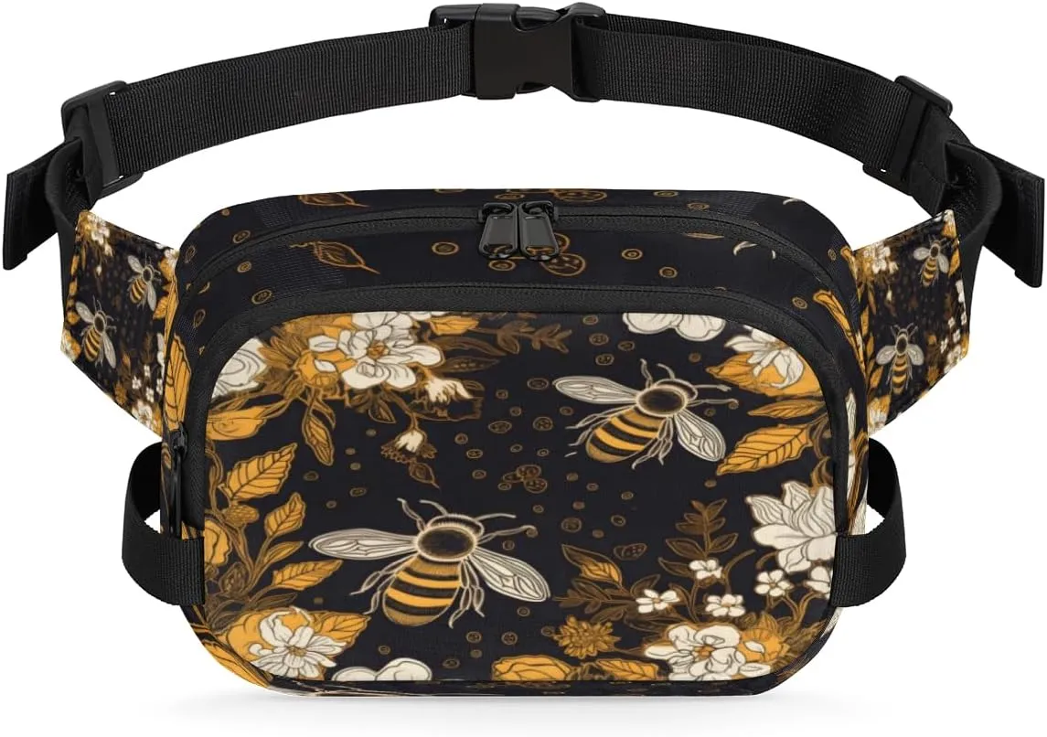Bee Fanny Packs for Women Men Fashion Waist Packs Belt Bag Water-resistant Crossbody Bag Aesthetic Flower Bee Waist Pouch Waist Pack Hip Bum Bag for Hiking Casual Travel Cycling