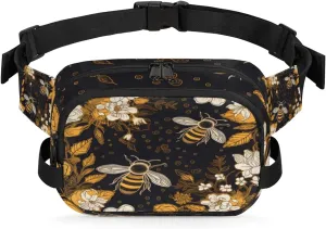 Bee Fanny Packs for Women Men Fashion Waist Packs Belt Bag Water-resistant Crossbody Bag Aesthetic Flower Bee Waist Pouch Waist Pack Hip Bum Bag for Hiking Casual Travel Cycling
