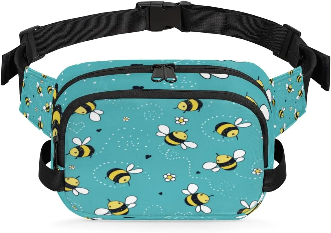 Bee Flower Fanny Pack Crossbody Bags for Women Men Waist Packs Turquoise Hip Bum Bag Cross Body Fanny Pack with Adjustable Strap for Running Hiking Travel