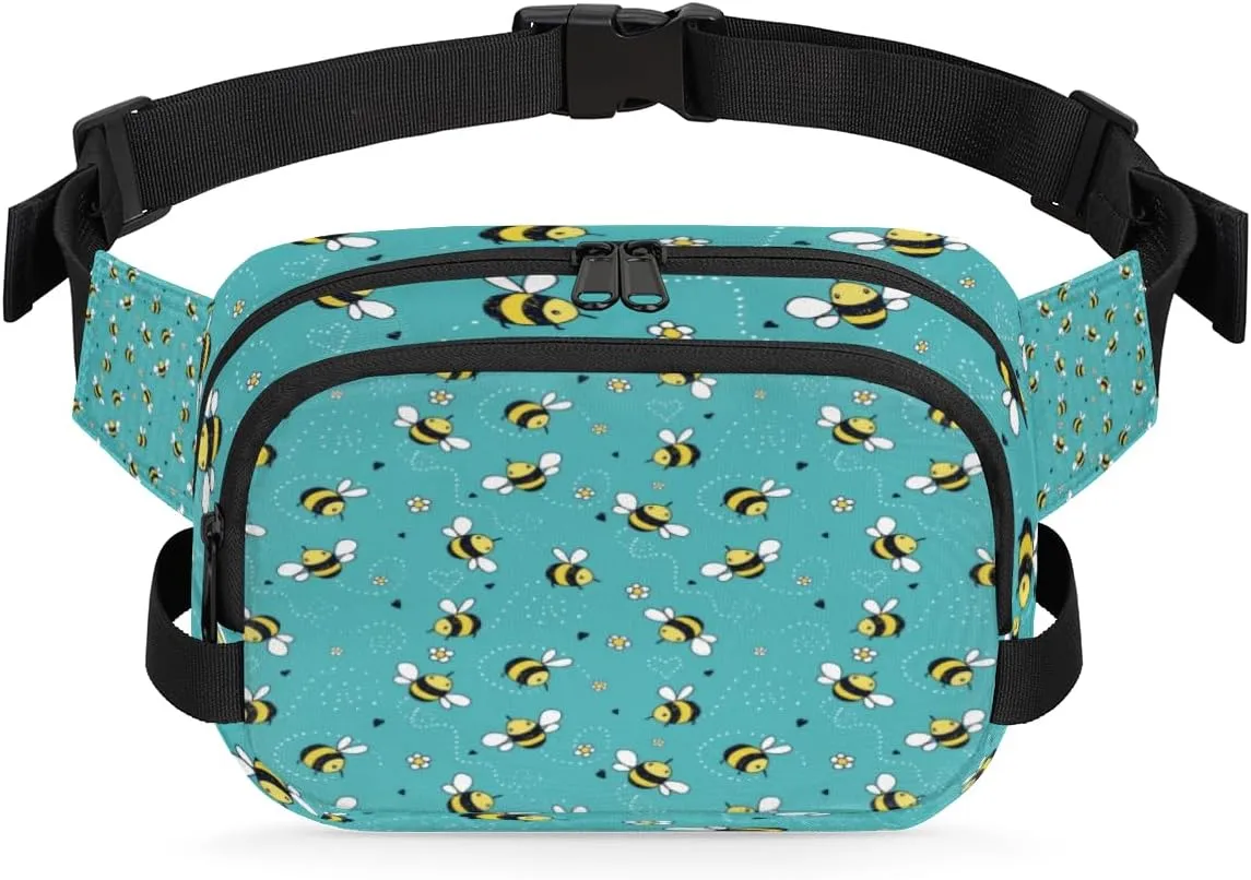 Bee Flower Fanny Packs for Women Men Fashion Waist Packs Belt Bag Water-resistant Crossbody Bag Turquoise Waist Pouch Waist Pack Hip Bum Bag for Hiking Casual Travel Cycling