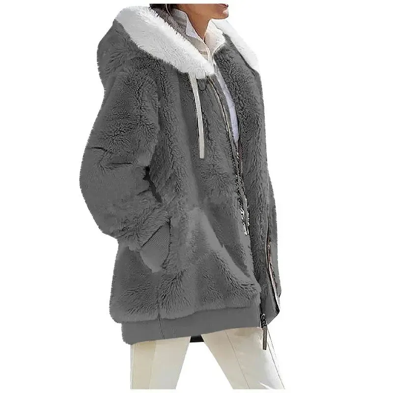 binfenxie Autumn Winter Fashion Women's Coat New Casual Hooded Zipper Lady Clothes Cashmere Female Fleece Jacket Solid Color Ladies Coats