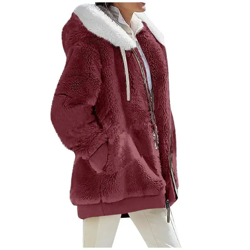 binfenxie Autumn Winter Fashion Women's Coat New Casual Hooded Zipper Lady Clothes Cashmere Female Fleece Jacket Solid Color Ladies Coats