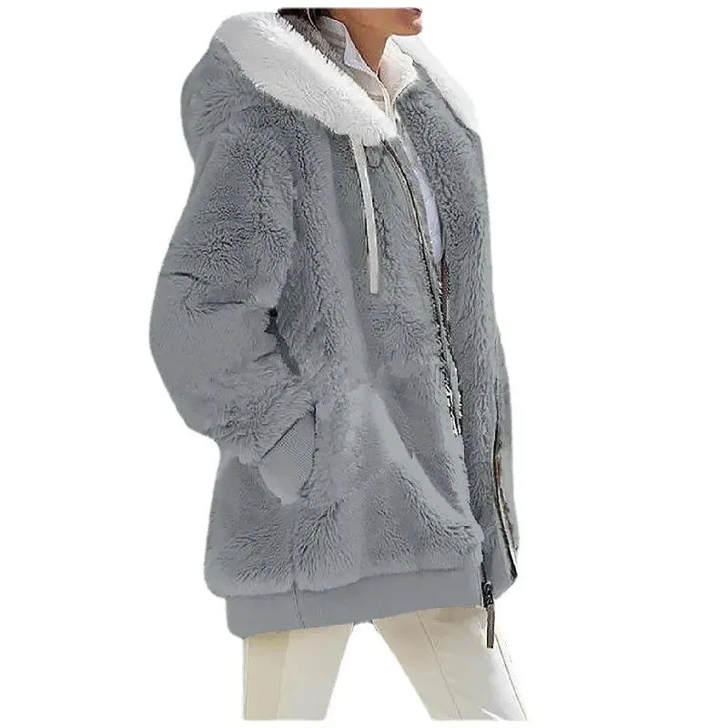 binfenxie Autumn Winter Fashion Women's Coat New Casual Hooded Zipper Lady Clothes Cashmere Female Fleece Jacket Solid Color Ladies Coats