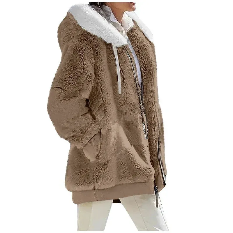 binfenxie Autumn Winter Fashion Women's Coat New Casual Hooded Zipper Lady Clothes Cashmere Female Fleece Jacket Solid Color Ladies Coats