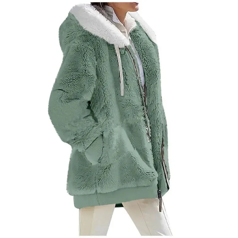 binfenxie Autumn Winter Fashion Women's Coat New Casual Hooded Zipper Lady Clothes Cashmere Female Fleece Jacket Solid Color Ladies Coats