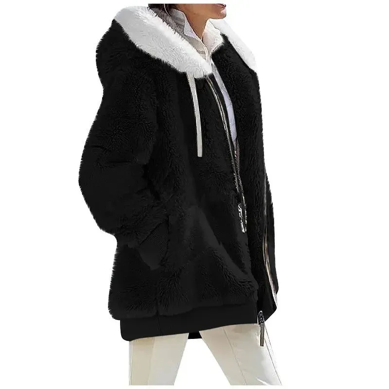 binfenxie Autumn Winter Fashion Women's Coat New Casual Hooded Zipper Lady Clothes Cashmere Female Fleece Jacket Solid Color Ladies Coats