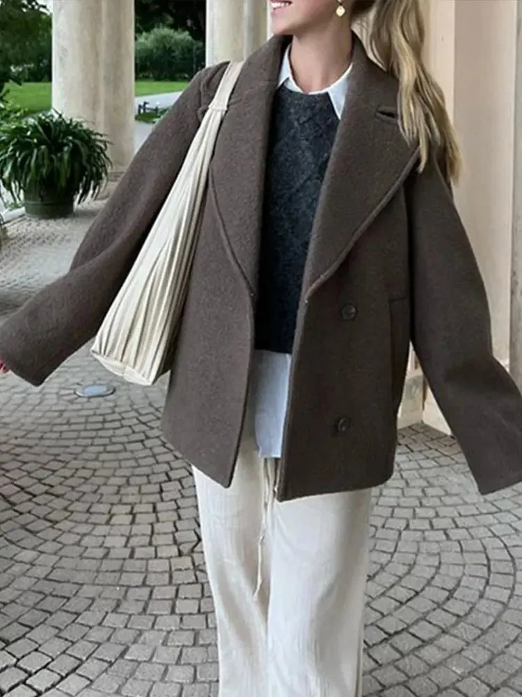 binfenxie Elegant Brown Woolen Coats Women Thick Lapel Single Breasted Pocket Jackets 2024 Autumn Winter Lady Long Sleeve Loose Outwear