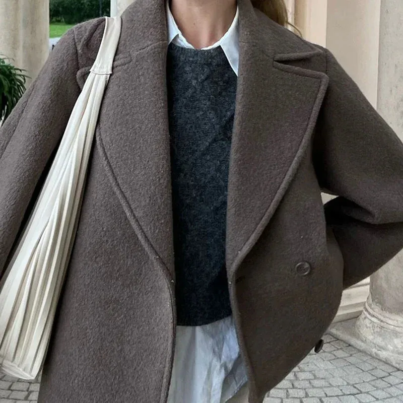 binfenxie Elegant Brown Woolen Coats Women Thick Lapel Single Breasted Pocket Jackets 2024 Autumn Winter Lady Long Sleeve Loose Outwear