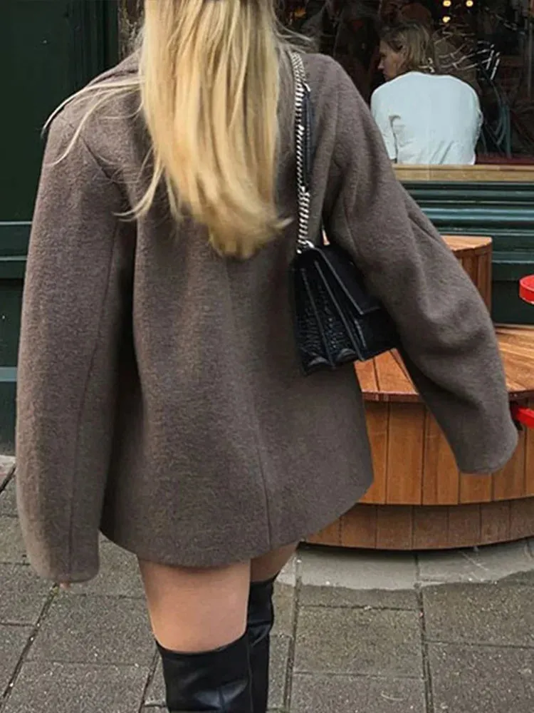 binfenxie Elegant Brown Woolen Coats Women Thick Lapel Single Breasted Pocket Jackets 2024 Autumn Winter Lady Long Sleeve Loose Outwear