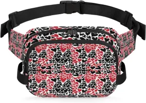 Black Red Heart Pattern Fanny Packs for Women Men Fashion Waist Packs Belt Bag Water-resistant Crossbody Bag Waist Pouch Waist Pack Hip Bum Bag for Hiking Casual Travel Cycling