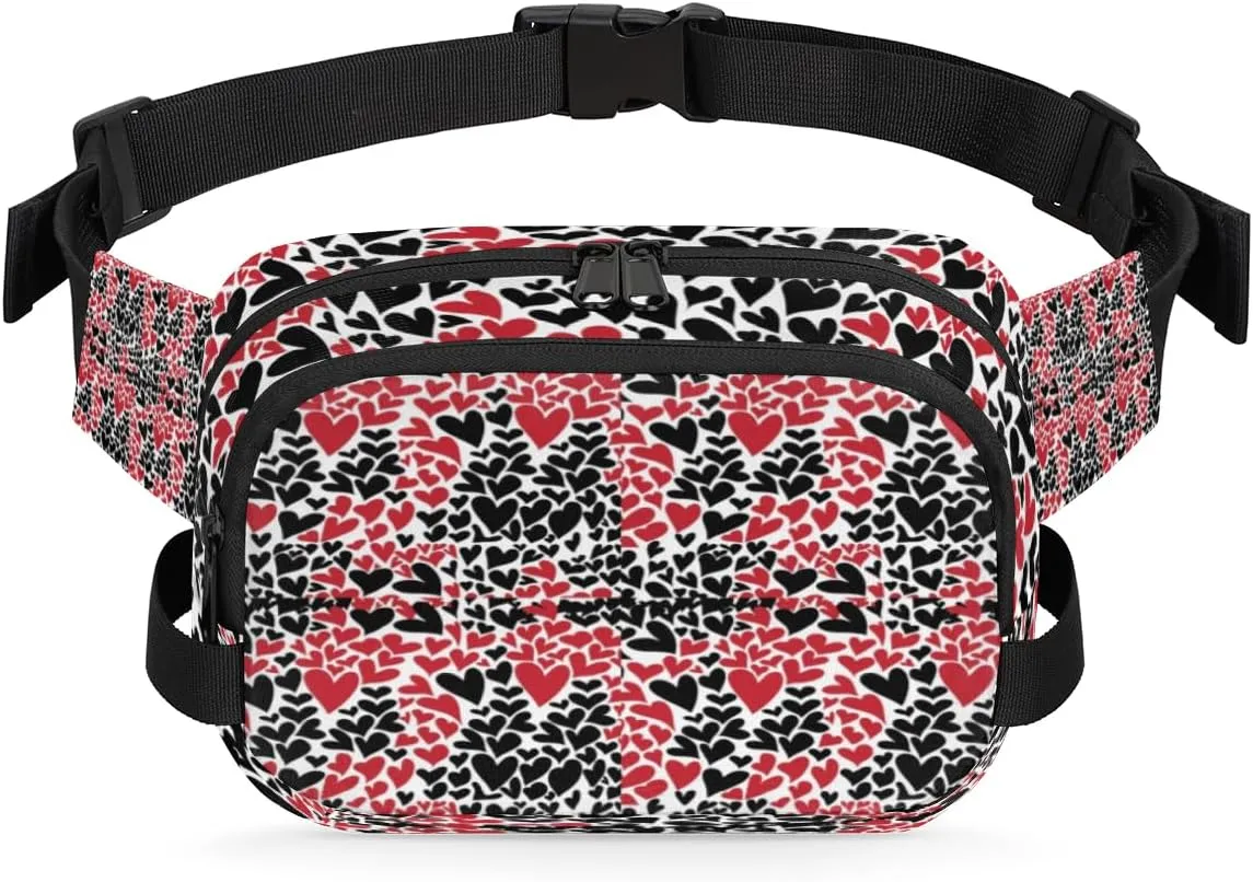 Black Red Heart Pattern Fanny Packs for Women Men Fashion Waist Packs Belt Bag Water-resistant Crossbody Bag Waist Pouch Waist Pack Hip Bum Bag for Hiking Casual Travel Cycling