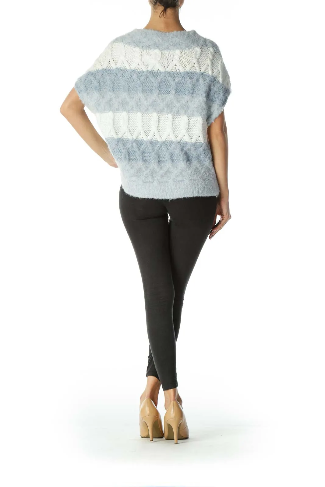 Blue White Knit Horizontal Stripes Fluffy Vest