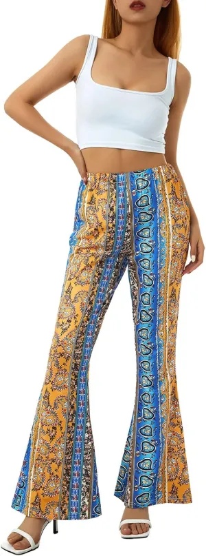 Boho Print Flare Pants for Women High Waist Stretch Comfy Bell Bottom Trousers 70s Hippie Pants Floral Yoga Leggings