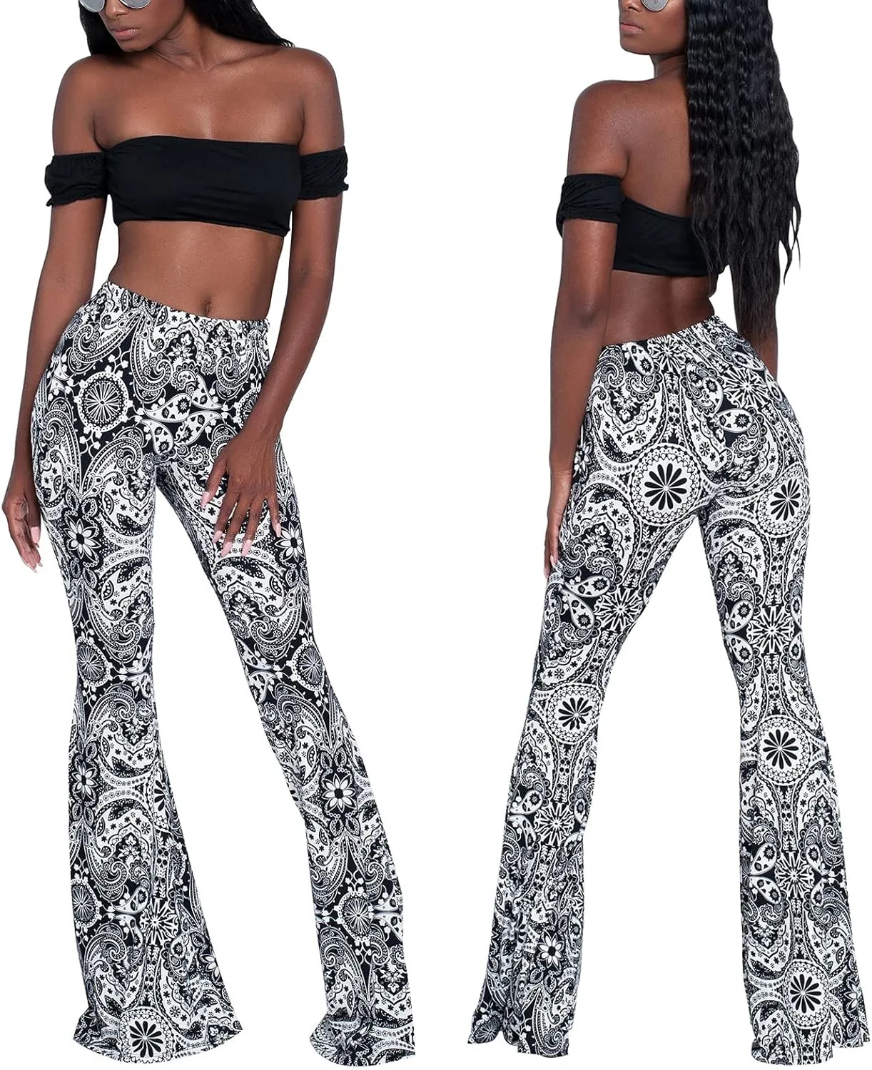 Boho Print Flare Pants for Women High Waist Stretch Comfy Bell Bottom Trousers 70s Hippie Pants Floral Yoga Leggings