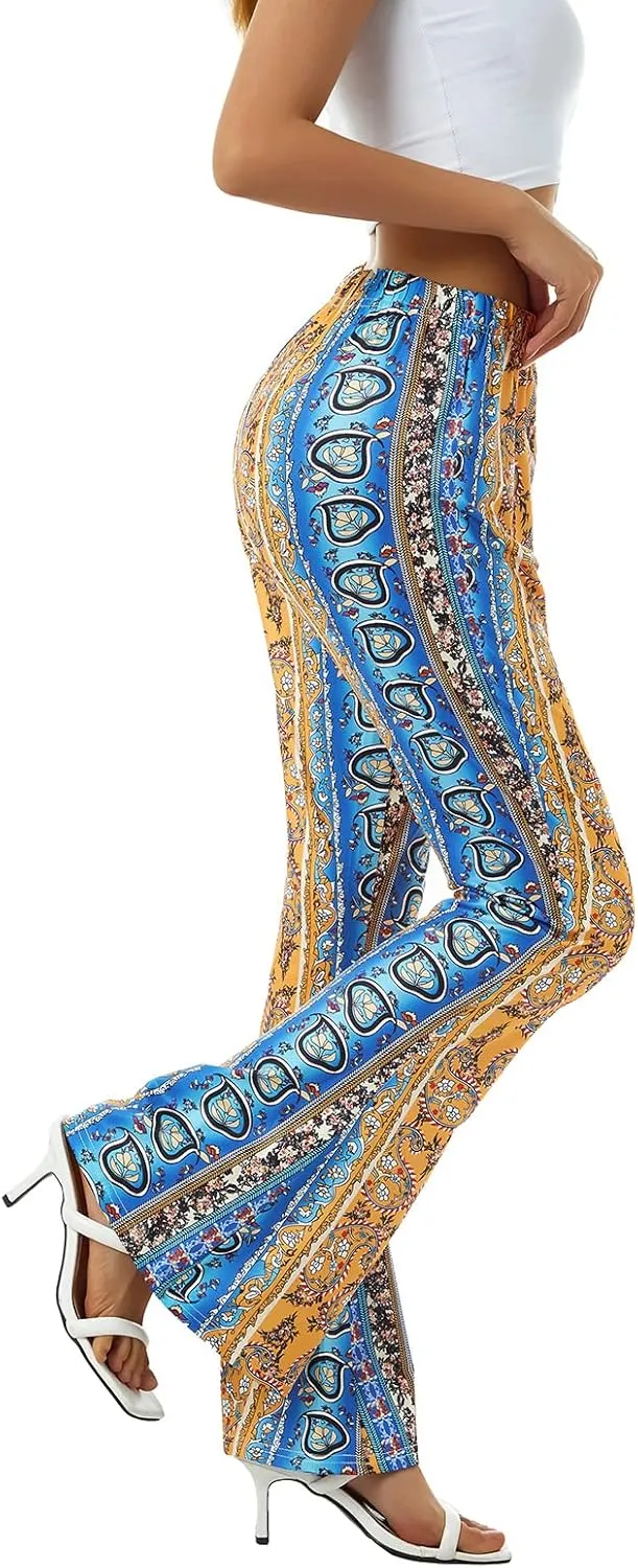 Boho Print Flare Pants for Women High Waist Stretch Comfy Bell Bottom Trousers 70s Hippie Pants Floral Yoga Leggings