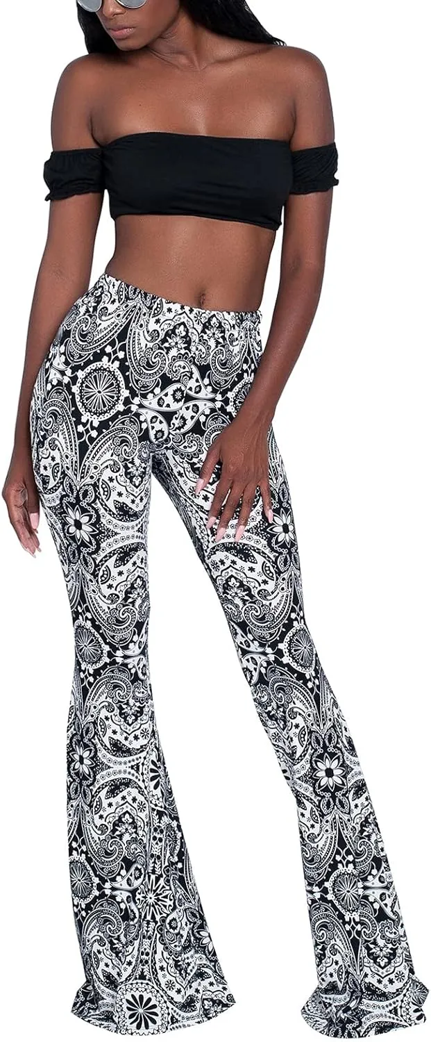 Boho Print Flare Pants for Women High Waist Stretch Comfy Bell Bottom Trousers 70s Hippie Pants Floral Yoga Leggings