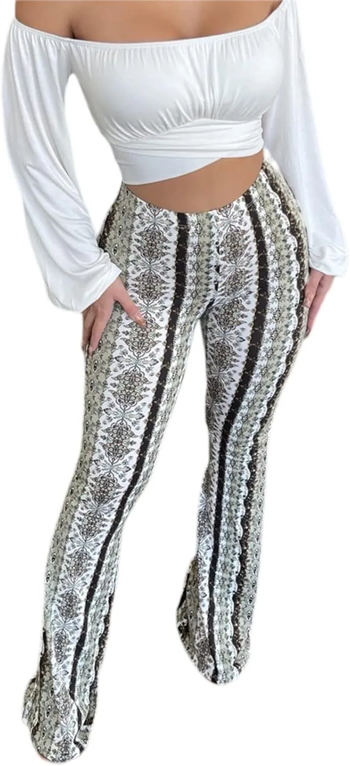 Boho Print Flare Pants for Women High Waist Stretch Comfy Bell Bottom Trousers 70s Hippie Pants Floral Yoga Leggings