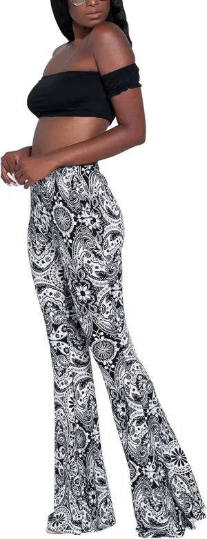 Boho Print Flare Pants for Women High Waist Stretch Comfy Bell Bottom Trousers 70s Hippie Pants Floral Yoga Leggings