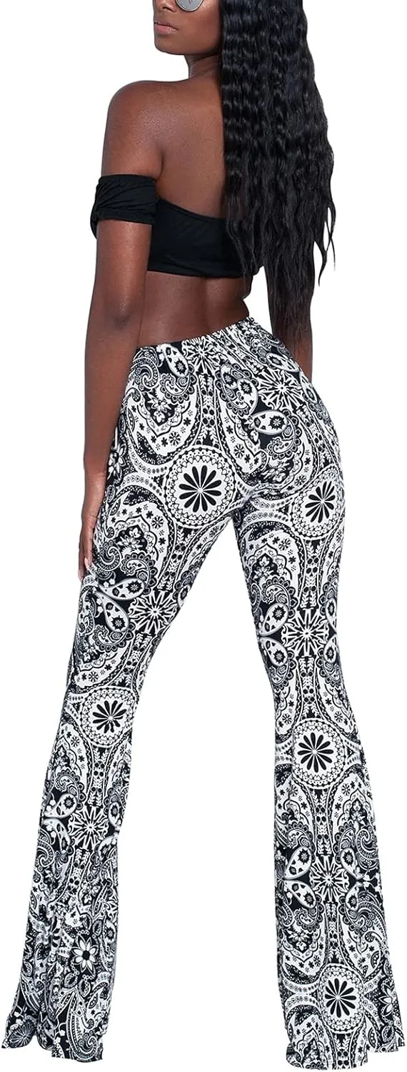 Boho Print Flare Pants for Women High Waist Stretch Comfy Bell Bottom Trousers 70s Hippie Pants Floral Yoga Leggings